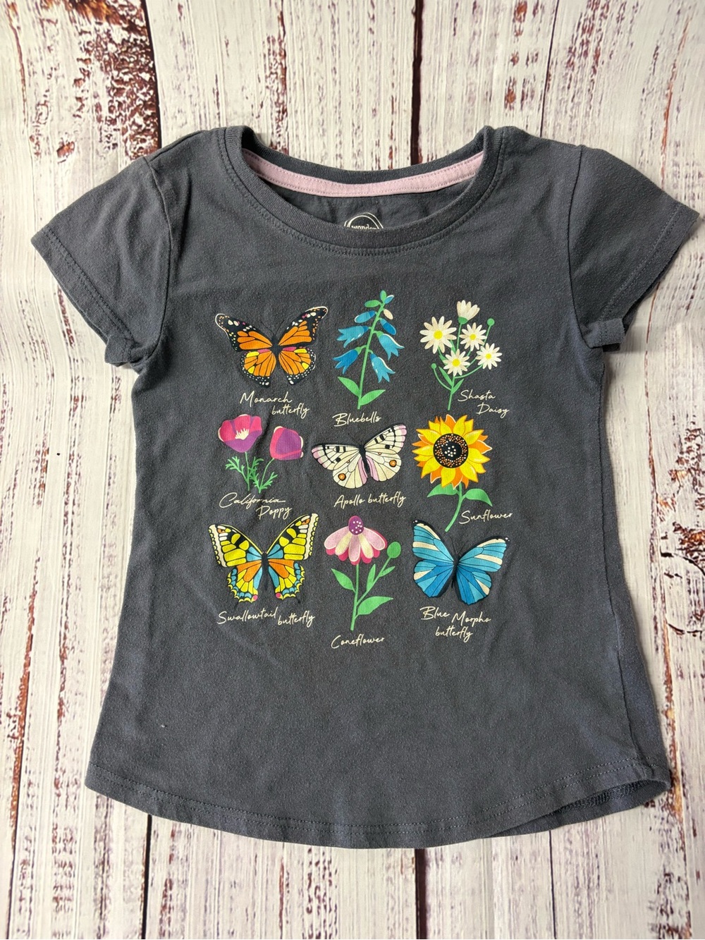 wonder nation Charcoal Short-Sleeve Tee with Colorful Butterfly & Flower Prints